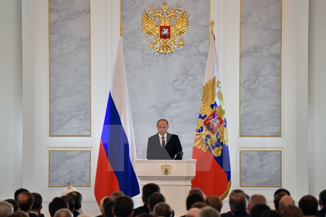 Toàn cảnh buổi lễ đọc Thông điệp Liên bang 2015 của Tổng thống Nga Putin. (Nguồn: AFP/TTXVN)