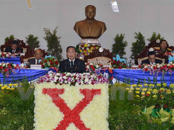 Tổng Bí thư, Chủ tịch Lào Choummaly Sayasone phát biểu tại Lễ khai mạc Đại hội đại biểu toàn quốc lần thứ X của Đảng Nhân dân Cách mạng Lào. (Ảnh: Phạm Kiên/Vietnam+)