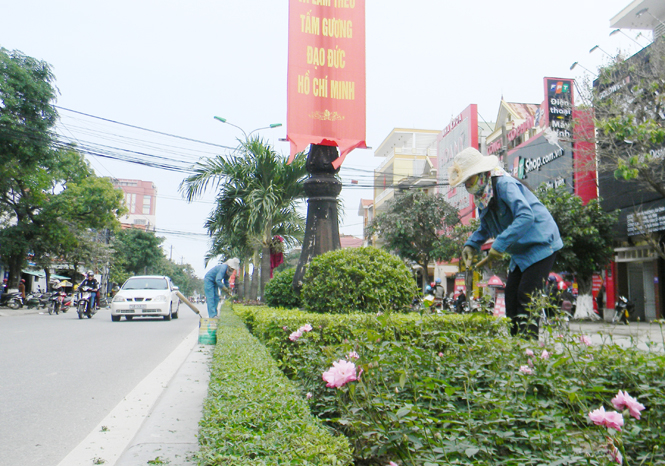 Công nhân Trung tâm công viên-cây xanh Đồng Hới cắt tỉa, chăm sóc cây xanh.