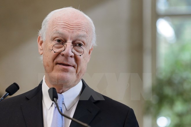 Đặc phái viên Liên hợp quốc về Syria Staffan de Mistura phát biểu trong cuộc họp báo ở Geneva, Thụy Sĩ ngày 3-3. (Nguồn: AFP/TTXVN)