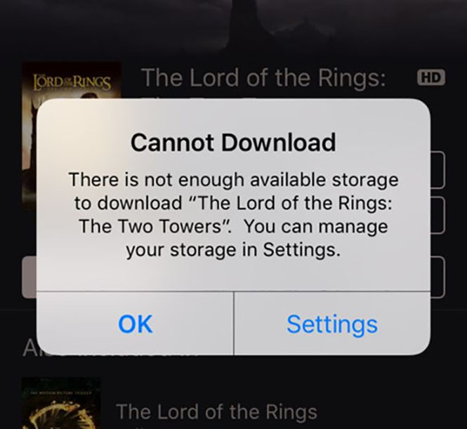Thông báo hiển thị khi bạn thuê nội dung từ iTunes có dung lượng lớn hơn bộ nhớ trống của máy