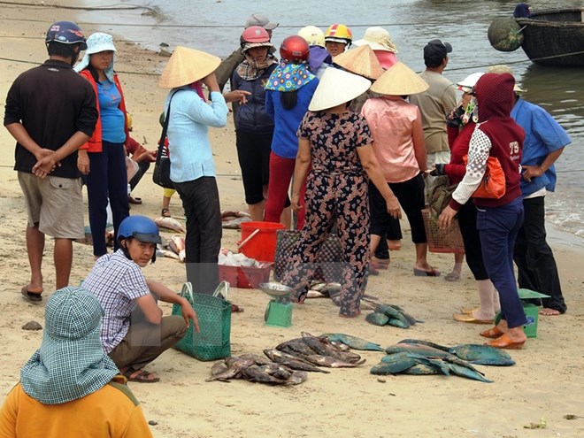 Người dân đang rất lo lắng khi những ngày gần đây cá chết bất thường không rõ nguyên nhân. (Ảnh: Trần Tĩnh/TTXVN)