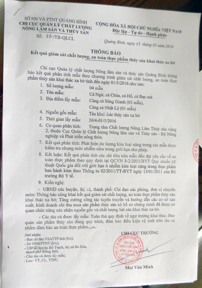 Nội dung Công văn thông báo kết quả giám sát chất lượng, an toàn thực phẩm thuỷ sản khai thác xa bờ.