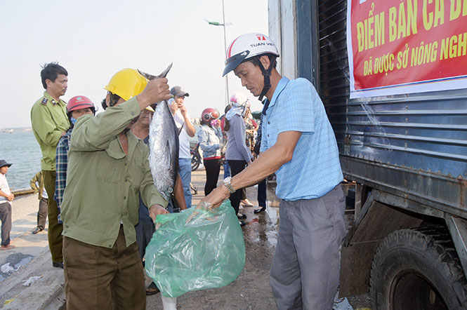 Điểm bán hải sản an toàn tại chợ Đồng Hới.