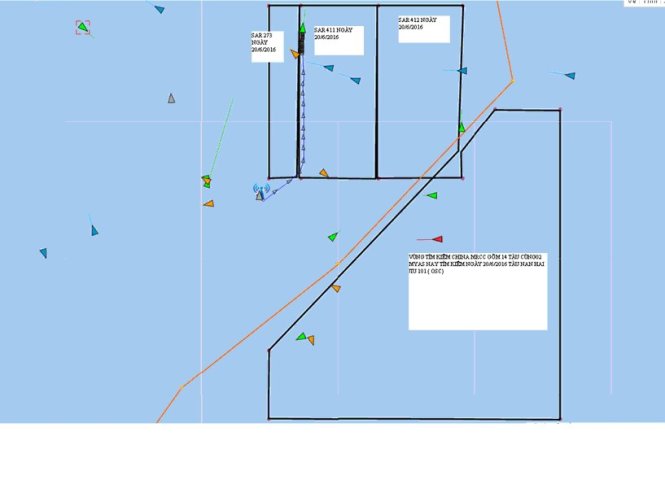  Sơ đồ vùng tìm kiếm của 3 tàu Sar và các tàu Trung Quốc sáng 20-6