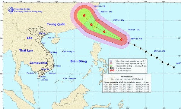 Đường đi và vị trí cơn bão Nepartak. (Nguồn: nchmf.gov.vn)