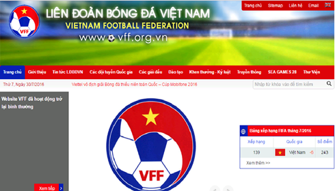 Giao diện trang chủ VFF đã hoạt động bình thường 2 giờ sau sự cố bị tin tặc tấn công vào tối 29-7. (Ảnh chụp màn hình).