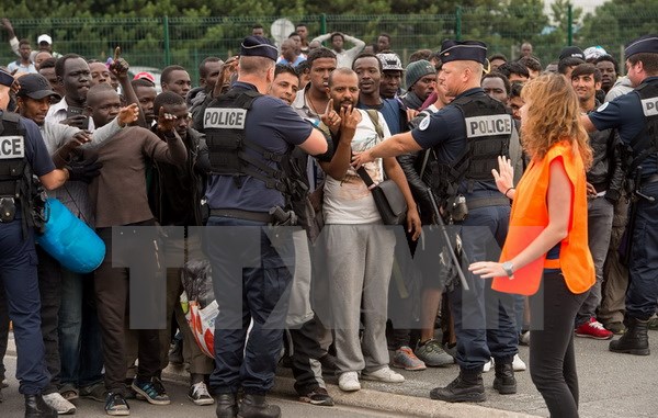 Cảnh sát giám sát, phân loại những người tị nạn tại Calais. (Nguồn: AFP/TTXVN)