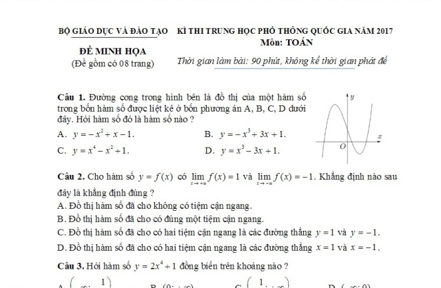 Một phần nội dung đề thi minh họa môn Toán