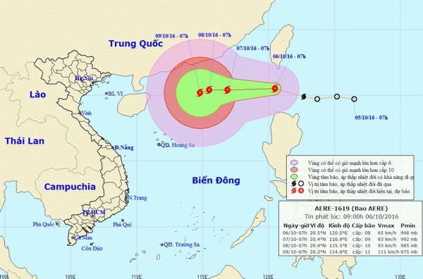 Đường đi và vị trí của bão Aere. (Nguồn: nchmf.gov.vn)