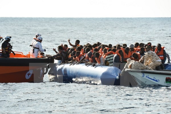 Lực lượng cứu hộ giải cứu người di cư ngoài khơi Libya ngày 4-11. (Nguồn: AFP/TTXVN)