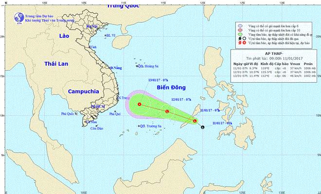 Vị trí và đường đi của vùng áp thấp. (Nguồn: Trung tâm Dự báo Khí tượng Thủy văn Trung ương)