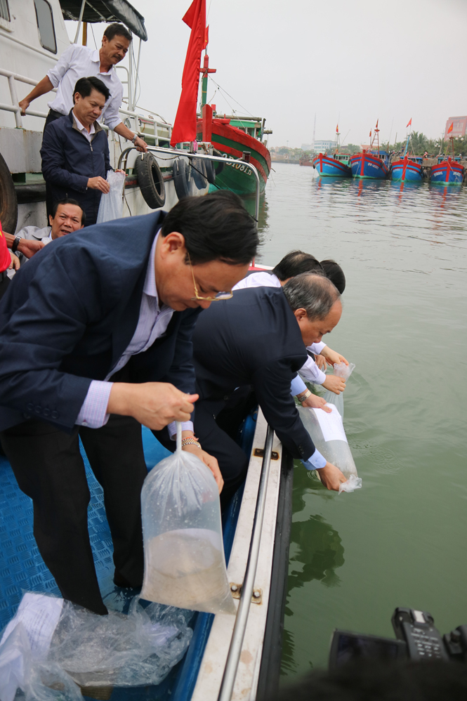 Đồng Chí Vũ Văn Tám, Thứ trưởng Bộ NN&PTNT cùng đồng chí Lê Minh Ngân, Phó Chủ tịch UBND tỉnh tham gia thả tôm sú giống tại sông Nhật Lệ.