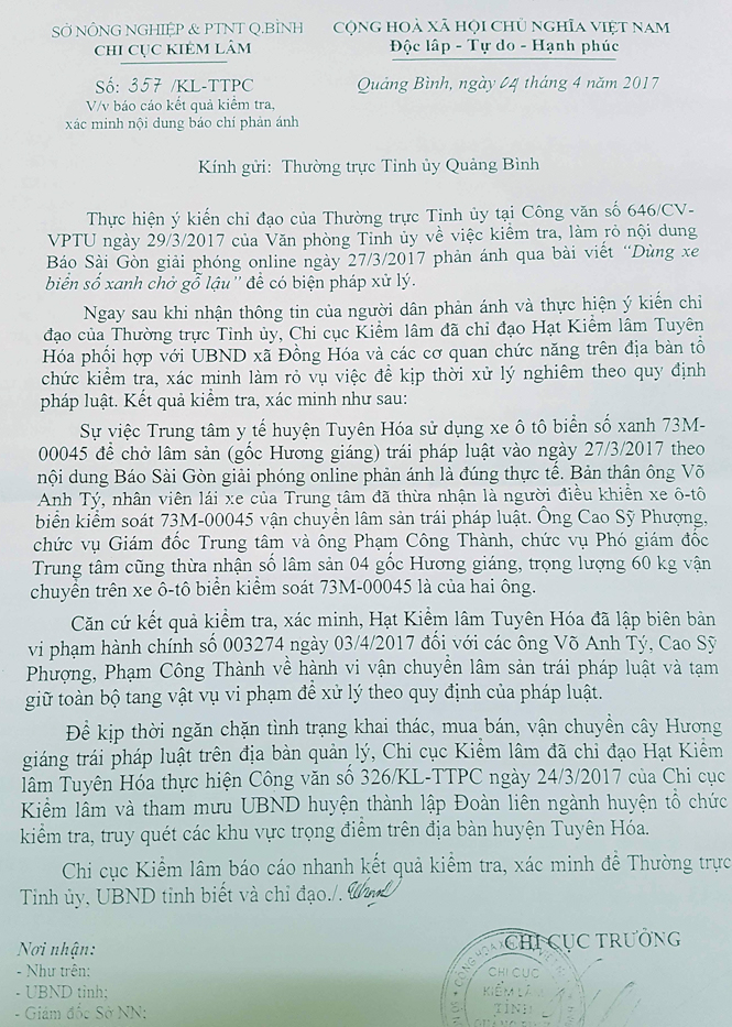 Văn bản báo cáo Thường trực Tỉnh ủy của Chi cục Kiểm lâm tỉnh.