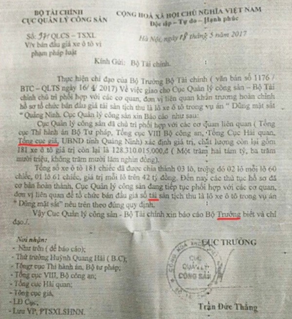 Văn bản giả mạo Cục Quản lý công sản viết sai cả tên cơ quan của Bộ Tài chính. (Ảnh: Bộ Tài chính)