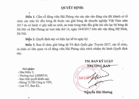  Quyết định cấm CĐV Hải Phòng đến sân khách từ giờ đến hết mùa giải. (Ảnh: VFF)