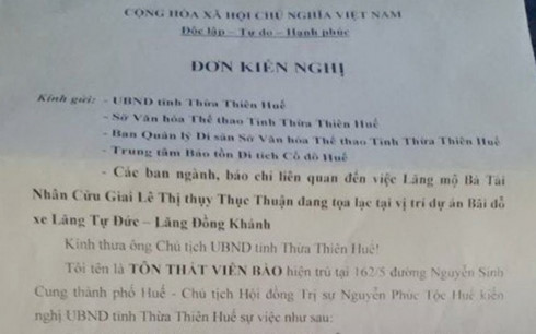  Đơn kiến nghị của Hội đồng Trị sự Nguyễn Phước tộc.