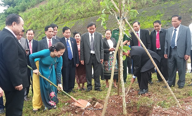 Đoàn đại biểu Mặt trận cấp cao hai nước Việt-Lào trồng cây lưu niệm dọc cột mốc chủ quyền ở hai bên biên giới.