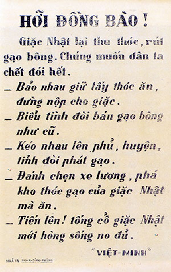 Truyền đơn của Mặt trận Việt Minh kêu gọi nhân dân chống Nhật cứu nước. (Ảnh: Bảo tàng Lịch sử Quốc gia)