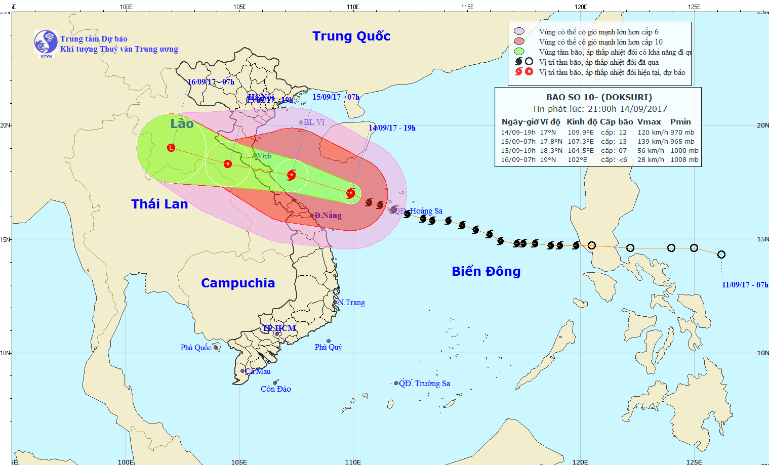 Vị trí và đường đi của bão. (Nguồn: Trung tâm Dự báo Khí tượng Thủy văn Trung ương)