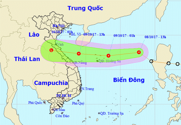  Vị trí và dự báo hướng di chuyển của áp thấp nhiệt đới. Ảnh: KTVN