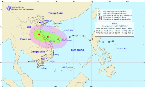 Vị trí và hướng đi của áp thấp nhiệt đới vào hồ 13h.