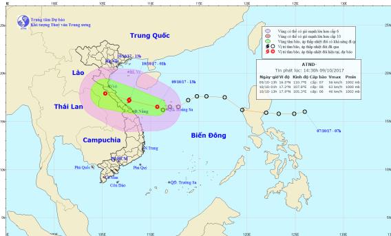 Đường đi và vị trí cơn bão số 11 (Nguồn: TTDBKTTV TƯ)