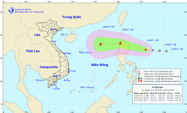 Đường đi và vị trí áp thấp nhiệt đới gần Biển Đông - Ảnh: Trung tâm Khí tượng thủy văn trung ương