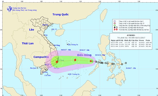 Vị trí và đường đi của áp thấp nhiệt đới. (Nguồn: Trung tâm Dự báo Khí tượng Thủy văn Trung ương)