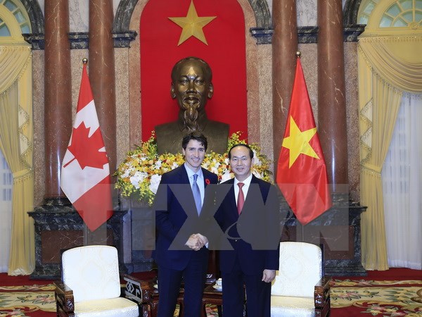 Chủ tịch nước Trần Đại Quang tiếp Thủ tướng Canada Justin Trudeau. (Ảnh: Nhan Sáng/TTXVN)