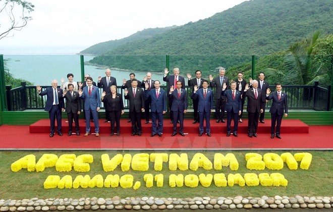 Chủ tịch nước Trần Đại Quang và các Trưởng đoàn các nền kinh tế thành viên APEC chụp ảnh chung. (Ảnh: TTXVN)