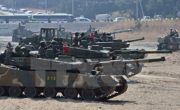 Xe tăng K1 của quân đội Hàn Quốc tham gia tập trận chung với quân đội Mỹ. (Nguồn: AFP/TTXVN)