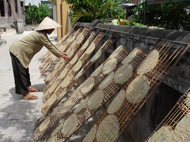 Người dân làng bánh tráng Tân An tận dụng mọi nơi có gió, nắng để phơi bánh. Ảnh: T.H