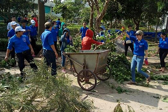  Đoàn viên thanh niên Khối các cơ quan tỉnh tham gia dọn vệ sinh sau bão số 10, tại Bệnh viện hữu nghị Việt Nam-Cu Ba Đồng Hới.