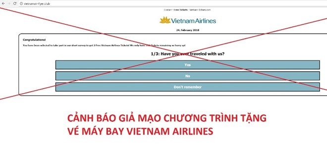 Website giả mạo tặng 2 vé máy bay miễn phí cho khách hàng tham gia điều tra trực tuyến và chia sẻ thông tin trên mạng xã hội.