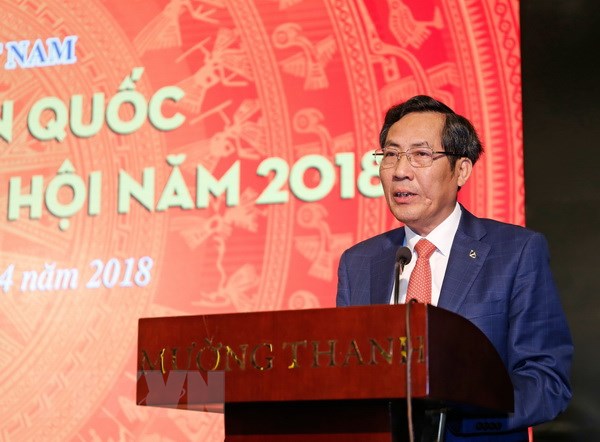   Phó Trưởng Ban Tuyên giáo Trung ương, Tổng Biên tập Báo Nhân dân, Chủ tịch Hội Nhà báo Việt Nam Thuận Hữu phát biểu. (Ảnh: Bích Huệ/TTXVN)