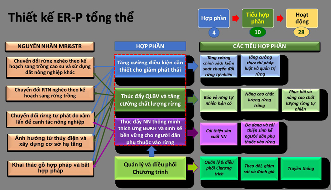 Sơ đồ tóm tắt các hợp phần và tiểu hợp phần khác nhau trong Chương trình Giảm phát thải đáp ứng với các nguyên nhân dẫn đến thay đổi sử dụng đất và rừng trong vùng Bắc Trung bộ.