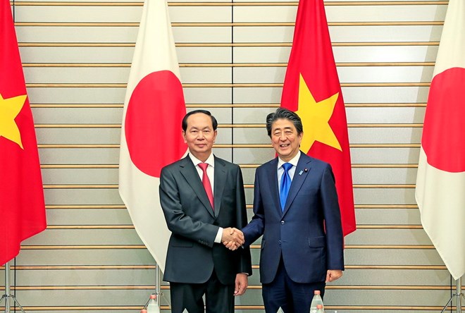 Chủ tịch nước Trần Đại Quang và Thủ tướng Nhật Bản Shinzo Abe tại buổi hội đàm. (Ảnh: Nhan Sáng/TTXVN)