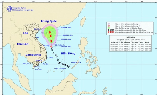  Hướng đi và vị trí vùng áp thấp (Ảnh: Trung tâm dự báo Khí tượng Thủy văn Quốc gia).