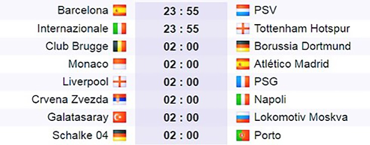  Lịch thi đấu Champions League 2018/2019 đêm 18-9 và rạng sáng 19-9.
