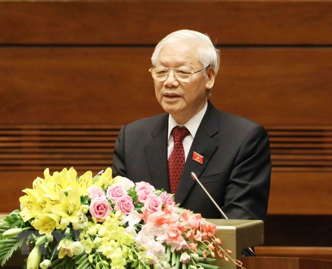 Tổng Bí thư Nguyễn Phú Trọng, Chủ tịch nước CHXHCN Việt Nam nhiệm kỳ 2016-2021 phát biểu nhậm chức Chủ tịch nước. (Ảnh: Phương Hoa/TTXVN)