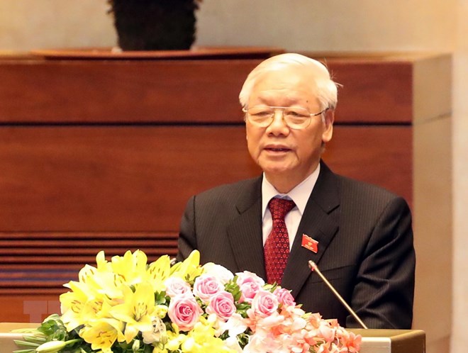 Tổng Bí thư Nguyễn Phú Trọng, Chủ tịch nước Cộng hòa xã hội chủ nghĩa Việt Nam nhiệm kỳ 2016-2021 phát biểu nhậm chức. (Ảnh: Phương Hoa/TTXVN)