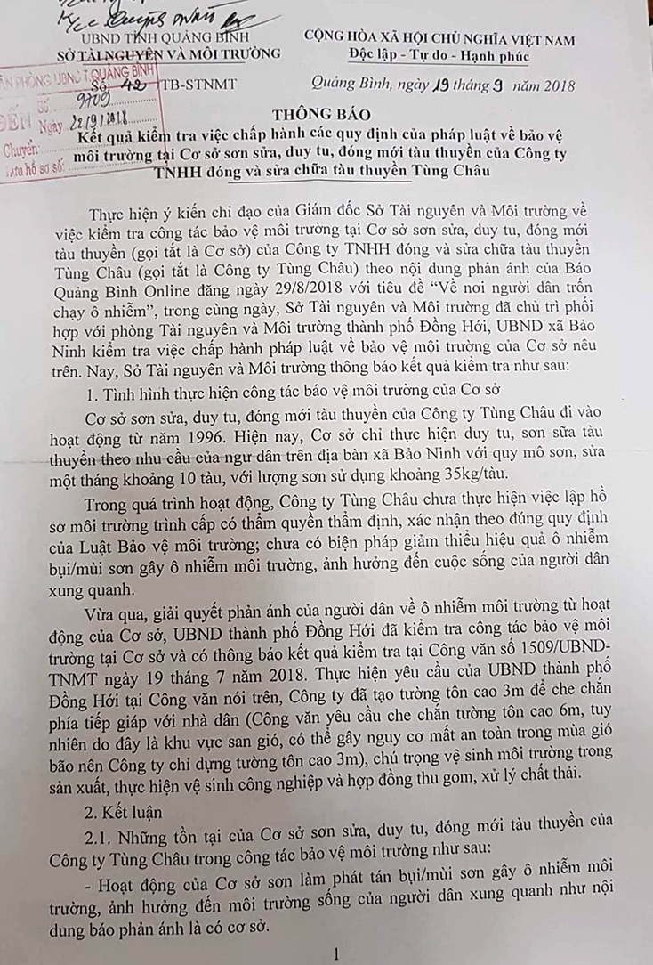 Thông báo kết quả kiểm tra của Sở TN-MT kiến nghị UBND TP.Đồng Hới và UBND xã Bảo Ninh có trách nhiệm kiểm tra, giám sát và xử lý nghiêm các vi phạm trong bảo vệ môi trường của cơ sở này.  