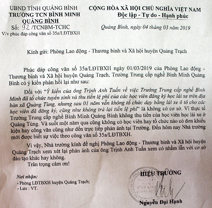 Và công văn số 92/TCNBM-TCHC của Trường TCN Bình Minh.   