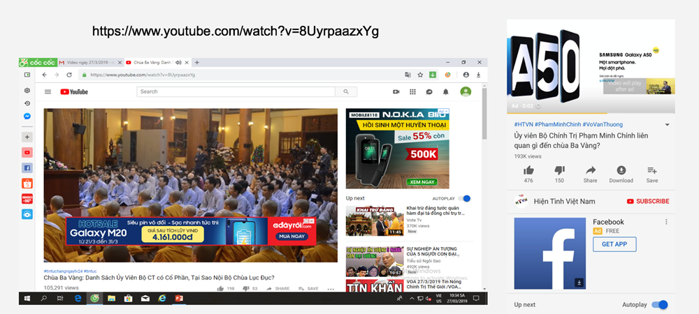   Các nhãn hàng lớn đang quảng cáo tại một kênh YouTube có nội dung phản động, bôi xấu chế độ. (Ảnh chụp màn hình)