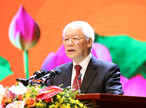 Le ky niem Quoc gia 50 nam thuc hien Di chuc cua Chu tich Ho Chi Minh hinh anh 2Tổng Bí thư, Chủ tịch nước Nguyễn Phú Trọng đọc diễn văn tại buổi lễ. (Ảnh: Phương Hoa/TTXVN)