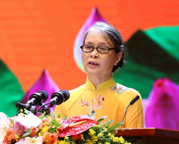 Le ky niem Quoc gia 50 nam thuc hien Di chuc cua Chu tich Ho Chi Minh hinh anh 4Bà Hoàng Thị Nữ, nguyên cán bộ Bảo tàng Hồ Chí Minh, phát biểu tại lễ kỷ niệm. (Ảnh: Phương Hoa/TTXVN)