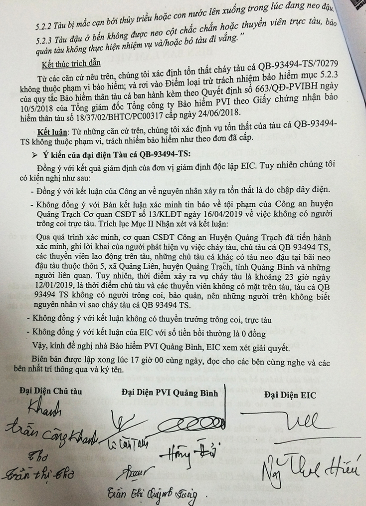 Biên bản làm việc của Công ty PVI kết luận từ chối bồi thường vì trường hợp tàu cháy của ông Khanh rơi vào điểm loại trừ trách nhiệm BH..