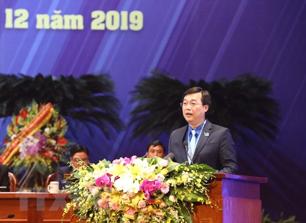 Ủy viên Dự khuyết Trung ương Đảng, Bí thư thứ nhất Trung ương Đoàn, Chủ tịch Trung ương Hội Liên hiệp thanh niên Việt Nam Lê Quốc Phong phát biểu khai mạc. (Ảnh: Văn Điệp/TTXVN)